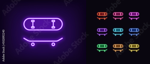 Outline neon skate board icon. Glowing neon skateboard silhouette, skate park pictogram. Rental skateboard