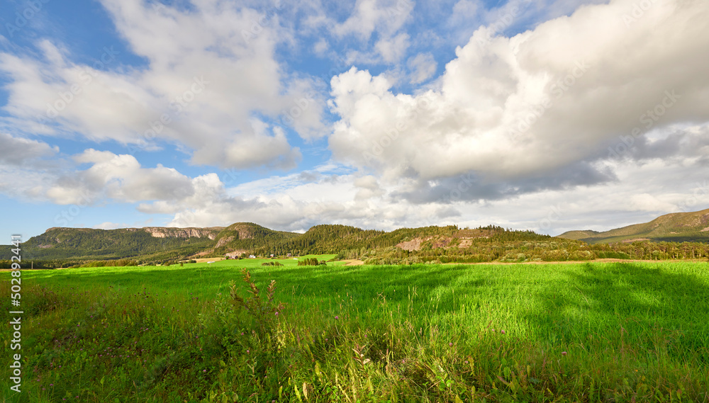 Panoramic view from the Lauvsnesvegen road, which leads to the Åsnes bridge over the Øysterelva river which flows into the Namsfjord, near the town of Namdalseid, a typical Norwegian village. Panoramic view from the Lauvsnesvegen road, which leads to the Åsnes bridge over the Øysterelva river which flows into the Namsfjord, near the town of Namdalseid, a typical Norwegian village.