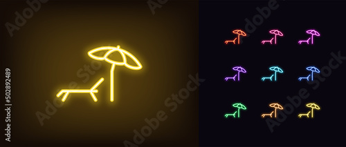 Outline neon sunbed icon. Glowing neon sunbed silhouette with parasol, beach lounger pictogram. Summer vacation