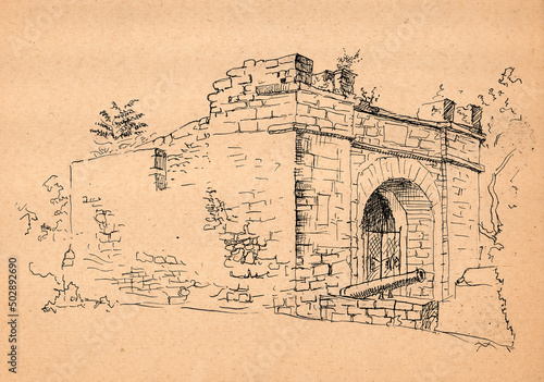 Hand drawn vintage landscape ink and pen sketch on beige faded paper. Ancient remains and ruins of the Genoese fortress in the city of Anapa, Russia photo