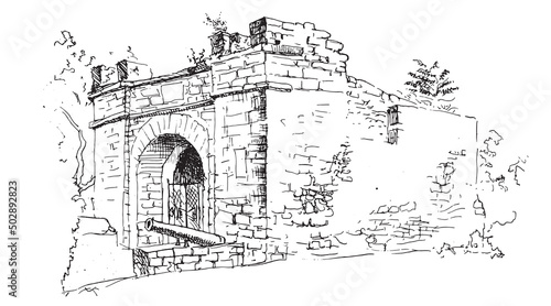 Vector traced hand drawn vintage landscape ink and pen sketch. Ancient remains and ruins of the Genoese fortress in the city of Anapa, Russia