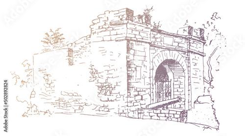 Vector traced hand drawn vintage landscape ink and pen sketch. Ancient remains and ruins of the Genoese fortress in the city of Anapa, Russia