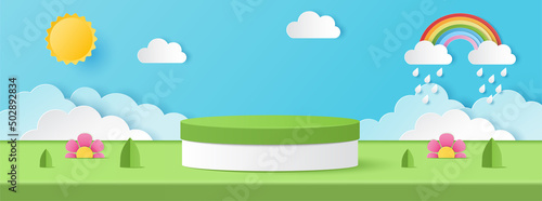 Paper cut of summer banner with white and green color cylinder podium with sun, cloud, rainbow and drops rain for products display presentation. Vector illustration