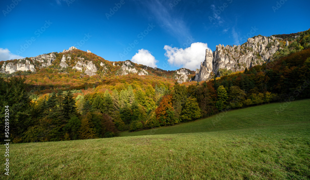 Naklejka premium Colorful trees in autmn forest at Sulov rocks. Autumn mountain landscape in Slovakia