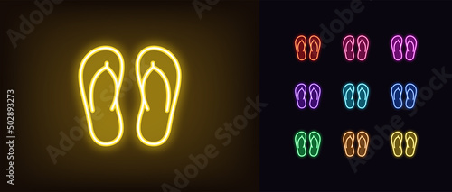 Outline neon slippers pair icon. Glowing neon slippers silhouette, beach flip flops pictogram