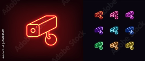 Outline neon surveillance camera icon. Glowing neon Security camera silhouette, CCTV pictogram. Video monitoring
