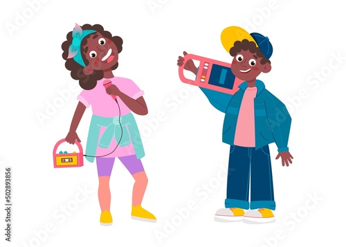 Set with kids in retro style. Cute and stylish children from 90s. Hand drawn vector illustration. Vintage clothes and hobbies. © lova_art