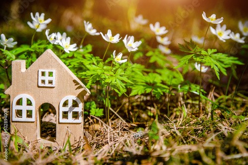 The symbol of a house in a forest clearing among white snowdrops