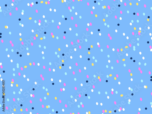 Cute colorful polka dot vector pattern. Multi-colored dots on a blue background. 