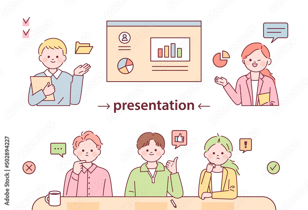 Business characters giving presentations while looking at graphic charts. Reactions of business partners. flat design style vector illustration. Business characters giving presentations while looking at graphic charts. Reactions of business partners. flat design style vector illustration.