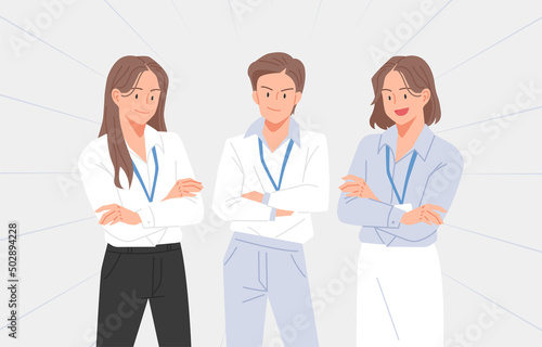 Business women with employee IDs around their necks are standing in a confident pose and looking straight ahead. flat design style vector illustration.	
