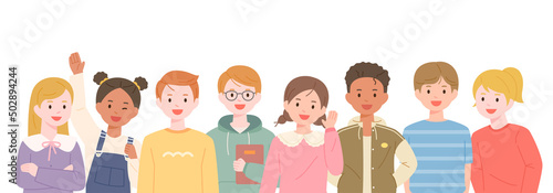 A lot of children are gathered together, looking straight ahead and smiling. flat design style vector illustration.	
