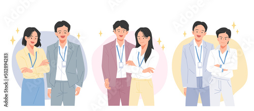 Office workers with employee IDs around their necks are standing in a confident pose and looking straight ahead. flat design style vector illustration.	