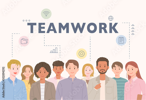 Business people gather and stand facing the front. flat design style vector illustration.	