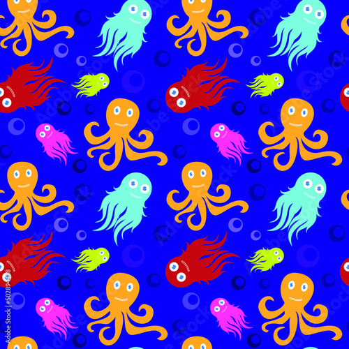 Baby sea background octopus on blue, seamless pattern, texture for fabric design, wallpaper and tile, vector illustration