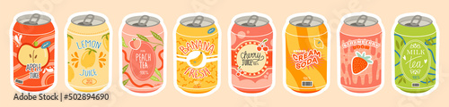Сollection of various delicious carbonated drinks. Hand drawn vector set of soft drinks in aluminum cans. Carbonated water with various fruit flavors. Japanese Kawaii style. on isolated background
