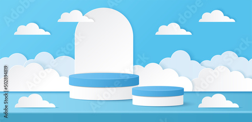 Paper cut of summer banner with blue and white color cylinder podium for products display presentation and clouds. Vector illustration