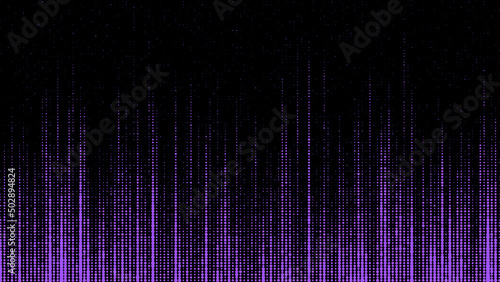 Purple matrix on the dark background with noise effect and dots. Big data visualization. Digital texture backdrop. Broken screen. Vector illustration.