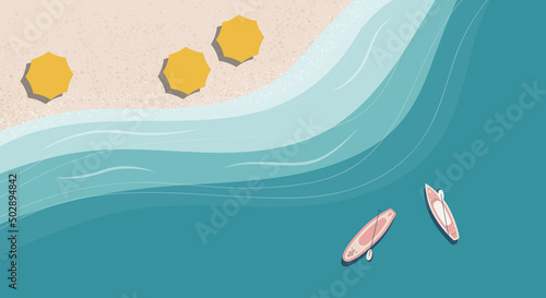 Horizontal vector banner with summer sunny landscape. Tropical beach, sand, sup board, umbrellas, ocean and sea waves. Summer vacation or travel agency background. 