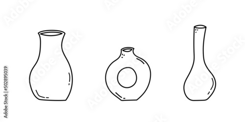 Set of hand drawn line art vases. Doodle clay pottery collection. Isolated vector illustration 