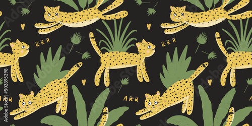 Seamless pattern with leopards and jungle leaves on colored background. Children's illustration. Funny animals wallpaper. Hand drawn design for fabric, wallpaper, paper for kids room © Polina