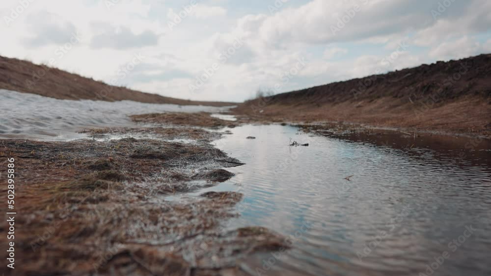 nature end of winter. large puddle on soil sky reflection in water landscape. motion camera steadicam a nature spring concept. dry grass water melts snow. beautiful forest field in spring snow melts nature end of winter. large puddle on soil sky reflection in water landscape. motion camera steadicam a nature spring concept. dry grass water melts snow. beautiful forest field in spring snow melts