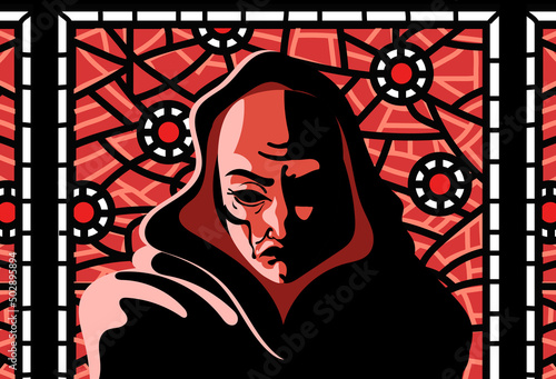 red mask creepy man in front of stained glass