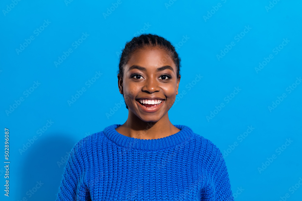 Portrait of attractive cheerful brunette amazed girl good mood isolated over vibrant blue color background Portrait of attractive cheerful brunette amazed girl good mood isolated over vibrant blue color background