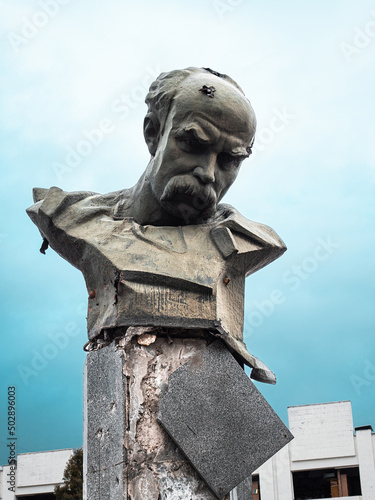 War in Ukraine, damaged monument to Taras Shevchenko Borodyanka, Kyiv region.