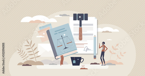 Justice and social rights attorney with law knowledge tiny person concept. Honesty and ethics education for arbitration or court work vector illustration. Professional document verdict and judgment. photo