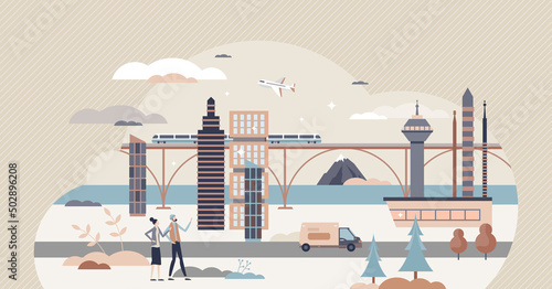 Infrastructure and public transportation city view tiny person concept. Modern and urban transport network with airport, metro and cars vector illustration. Government facilities and services skyline.