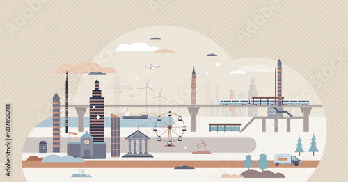 Infrastructure as city transport and facilities network tiny person concept. Transportation connections and communications using airport, bus station and metro vector illustration. Metropolis scene.