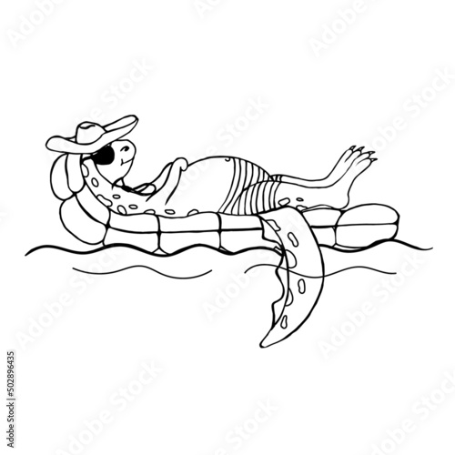 A dinosaur on an air mattress floats in the sea, isolated on a white background.Vector illustration in doodle style.For summer designs.