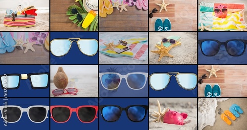Full frame collage of various sunglasses and starfish with footwears and towels at beach