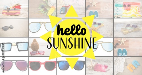 Hello sunshine text over collage of various sunglasses, footwears and towels at beach