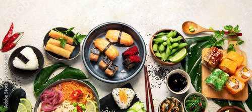 Japanese food assortment on light background.