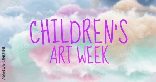 Digital composite image of children's art week text against cloudy sky