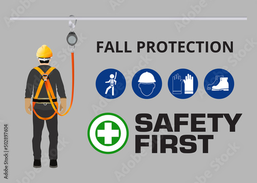 Fall Protection, Construction worker safety first, vector design