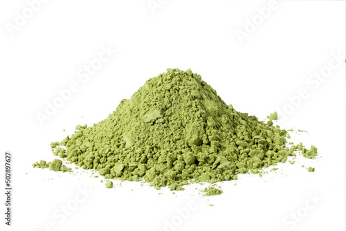 Heap of matcha green tea powder on white background