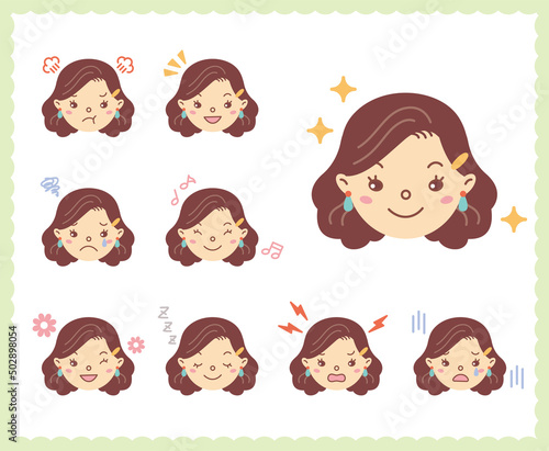 女性の喜怒哀楽の感情　顔アイコン　セット78