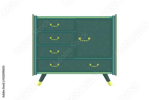 Chest of drawers isolated on white background. Green wooden commode on little legs.Piece of bedroom furniture and home interior.Dresser or console table for bedroom and living room.Vector illustration
