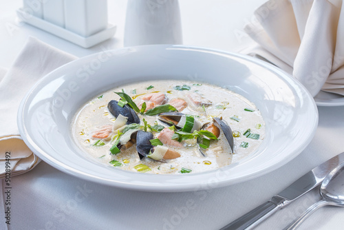 Cream Soup with Seafood on Served Table, Restaurant Food