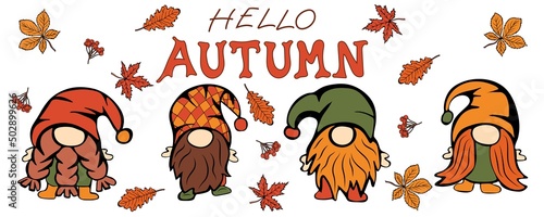 Cute gnomes with autumn leaves and berries. Cartoon hand drawn Leprechauns for cards, decor, shirt design, invitations. Vector illustration