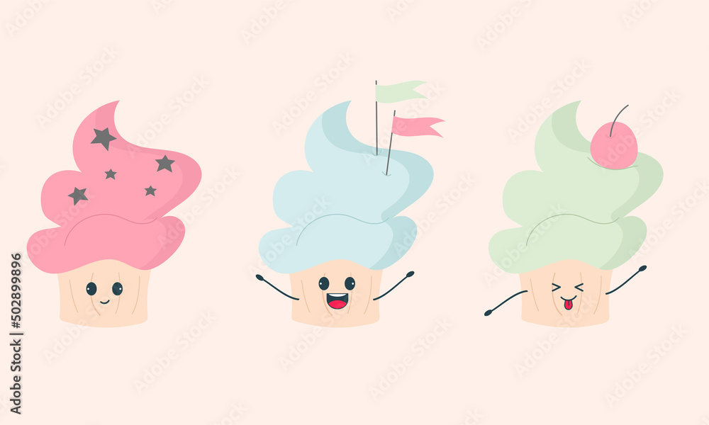 Kawaii cupcakes festive with emotions and hands Kawaii cupcakes festive with emotions and hands