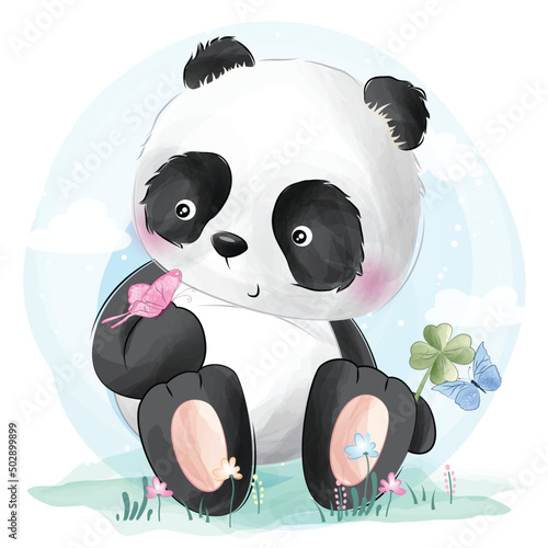 Cute panda with floral illustration