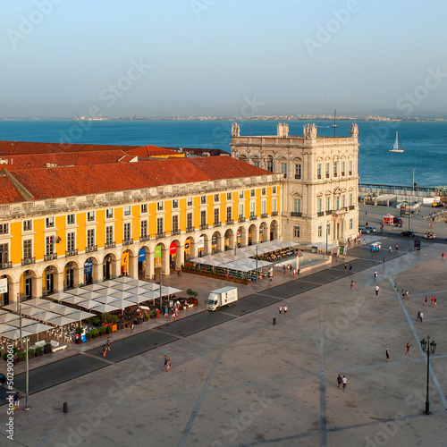 view of commerce square and the port Tage river in Lisbon, Portugal 