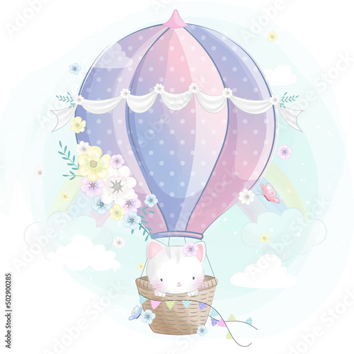 Cute kitty flying with air balloon illustration