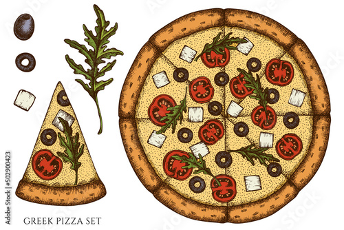 Pizza hand drawn vector illustrations collection. Colored greek pizza.