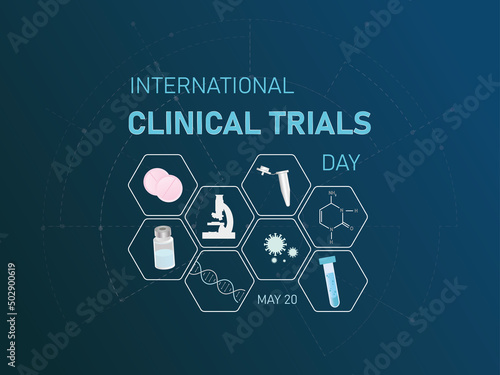 International Clinical Trials Day.vector illustration with icons of medication,assays,microscope,molecules,test,dna,virus on white on blue background.