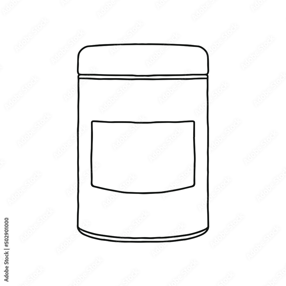 Round metal box with a sticker for tea or other bulk products. Outline vector realistic mockup.